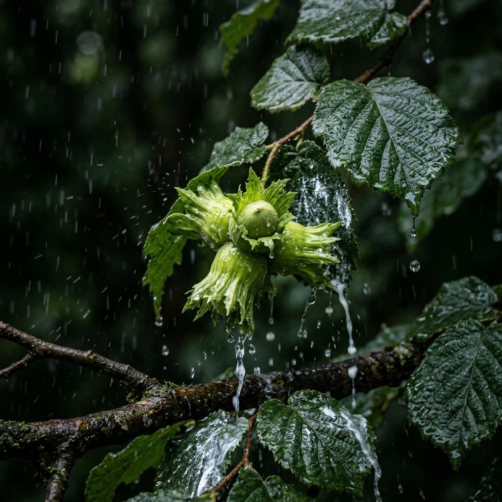 Rain washing pesticide off hazelnut leaves